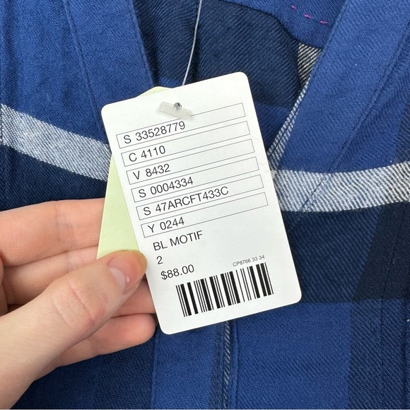 NWT Holding Horses Anthropologie Blue Plaid Half Button Raw Hem Tunic Top 2 - Picture 7 of 8